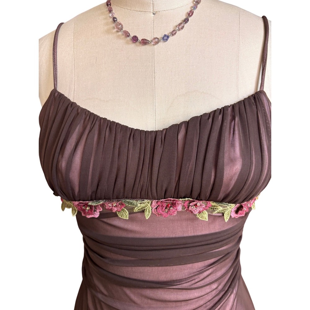 Y2K CityTriangles Embroidered Ruched Mesh Mermaid Maxi Dress S Brown Pink - Picture 2 of 10